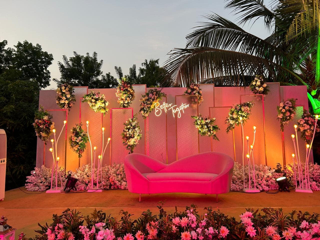 Romantic pink neon Better Together stage — Magic Wedding Planners